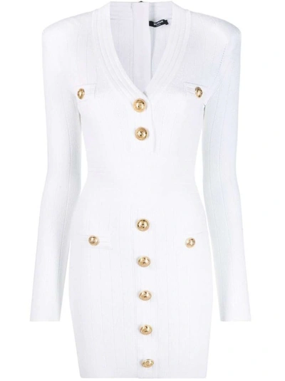 Shop Balmain Button-embellished Ribbed-knit Minidress In White