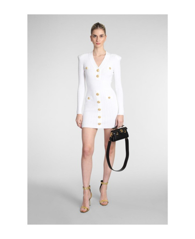 Shop Balmain Button-embellished Ribbed-knit Minidress In White