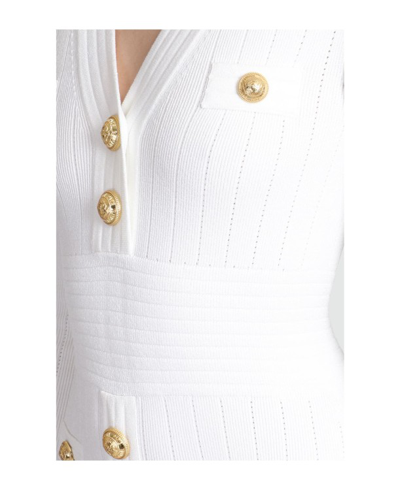 Shop Balmain Button-embellished Ribbed-knit Minidress In White