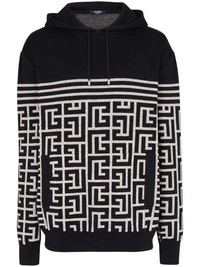 Shop Balmain Pb Monogram Knitted Hoodie In Black