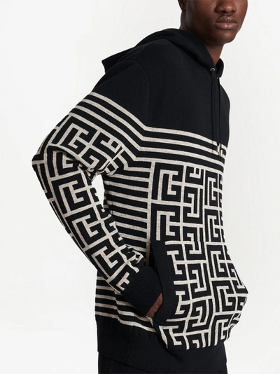Shop Balmain Pb Monogram Knitted Hoodie In Black