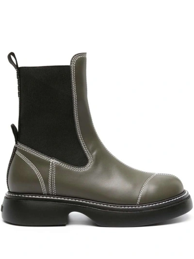Shop Ganni Everyday Olive Green Leather Chelsea Boots In Grey