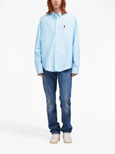 Shop Ami Alexandre Mattiussi Logo-embroidered Sky Blue Poplin Shirt