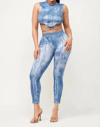 Shop Love J Style Sublimation Waist Tie Top And Leggings Set In Denim In Silver