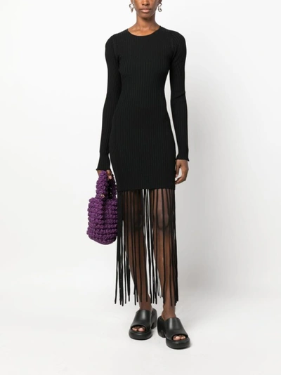 Shop Ganni Fringed Ribbed-knit Minidress In Black