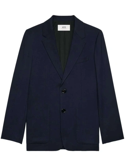 Shop Ami Alexandre Mattiussi Tailored Single-breasted Navy Blue Blazer In Black