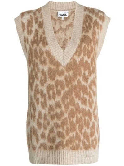 Shop Ganni Leopard-jacquard Knitwear Vest In Neutrals