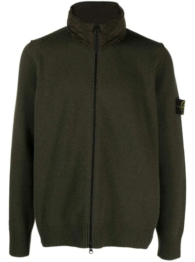Shop Stone Island Compass-badge Concealed-hood Wool-blend Knitwear Cardigan In Black