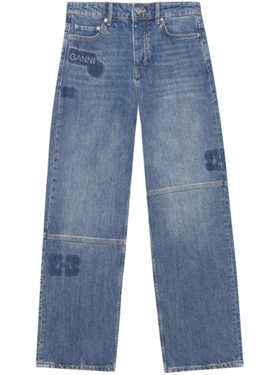 Shop Ganni Patch Izey Straight-leg Denim Jeans In Blue