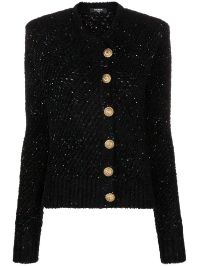 Shop Balmain Sequinned Ribbed-knit Knitwear Cardigan In Black