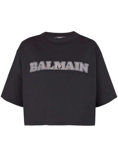 Shop Balmain Rhinestone-logo Cropped Cotton T-shirt In Black