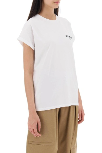 Shop Balmain Flocked Logo Cotton White T-shirt
