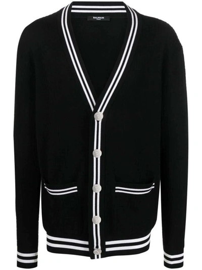Shop Balmain Contrasting-trim V-neck Cardigan In Black