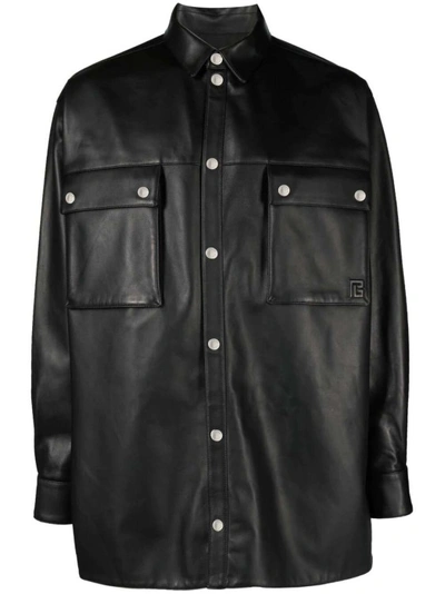 Shop Balmain Embossed-logo Leather Shirt In Black