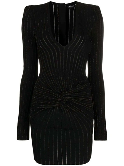 Shop Balmain Ribbed-knit Long-sleeve Dress In Black
