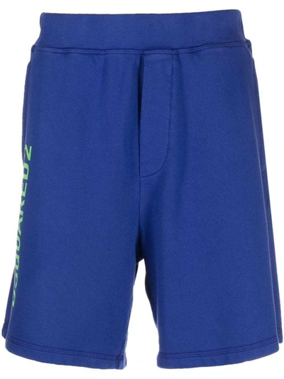 Shop Dsquared2 Cotton Logo Print Shorts In Blue