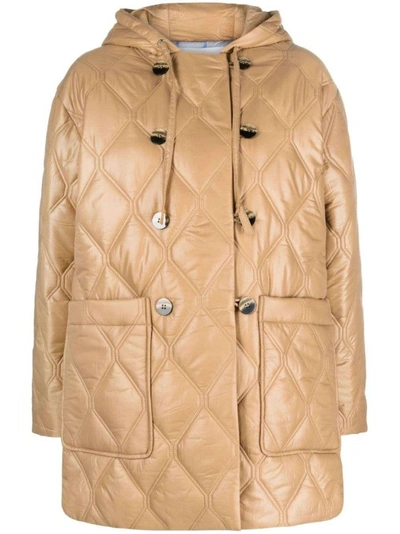 Shop Ganni Quilted Hooded Jacket In Brown