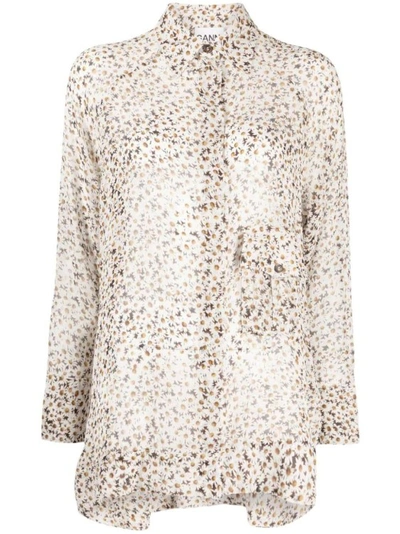 Shop Ganni Floral-print Long-sleeve Shirt In Neutrals