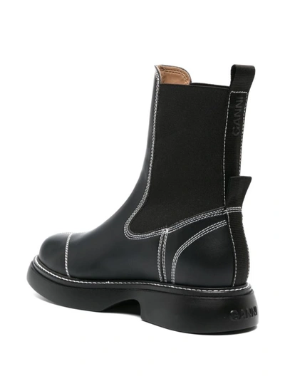 Shop Ganni Topstitched Leather Chelsea Boots In Black