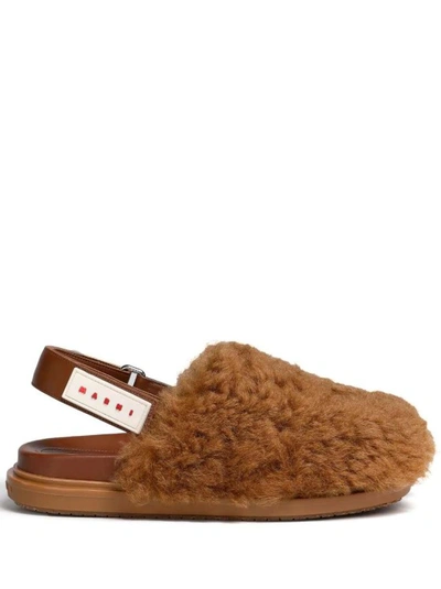 Shop Marni Logo-patch Shearling Slingback Mules In Brown