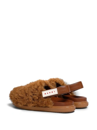 Shop Marni Logo-patch Shearling Slingback Mules In Brown