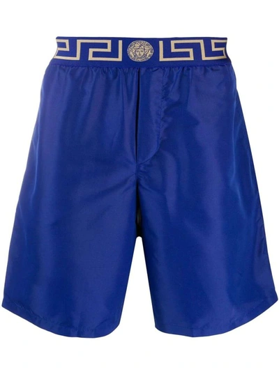 Shop Versace Greca Border Knee-length Swim Shorts In Blue