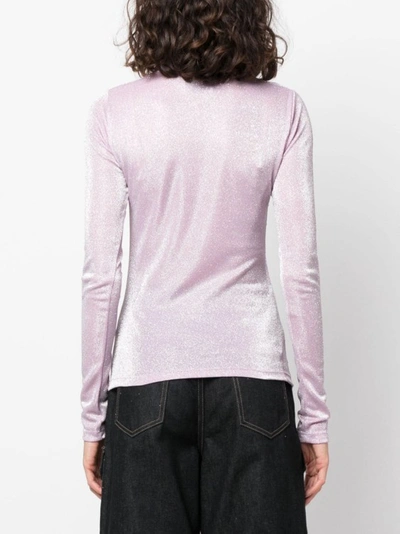 Shop Msgm Glittery Gathered High-neck T-shirt In Purple