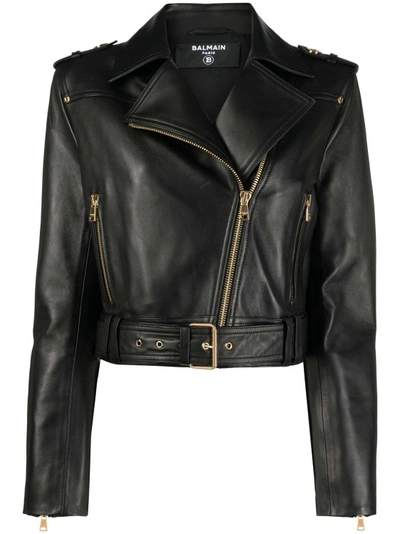 Shop Balmain Leather Jacket With Gold Zip In Black