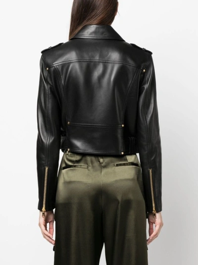 Shop Balmain Leather Jacket With Gold Zip In Black
