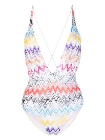 Shop Missoni V-neck Zigzag-print Swimsuit In White
