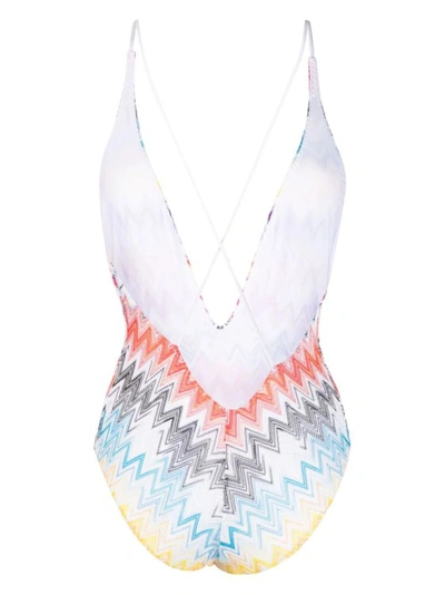 Shop Missoni V-neck Zigzag-print Swimsuit In White