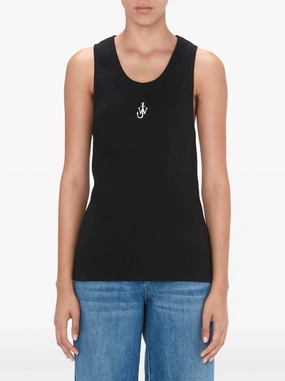 Shop Jw Anderson Logo-embroidered Black  Ribbed-knit Top