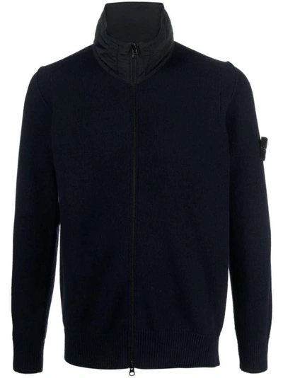 Shop Stone Island Zip-front Wool Sweatshirt In Black