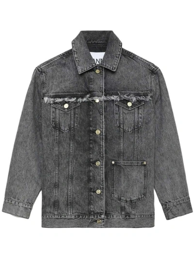 Shop Ganni Frayed-detail Washed Jacket In Grey