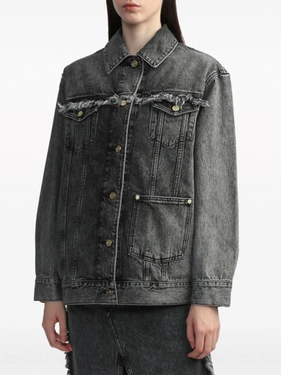 Shop Ganni Frayed-detail Washed Jacket In Grey