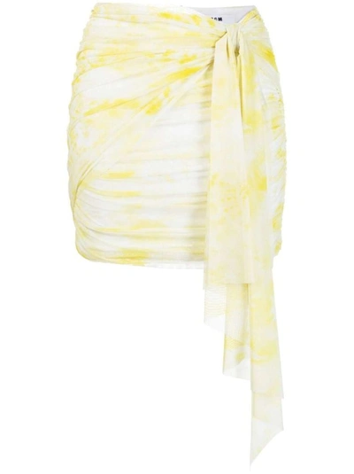 Shop Msgm Graphic-print Ruched Miniskirt In Yellow