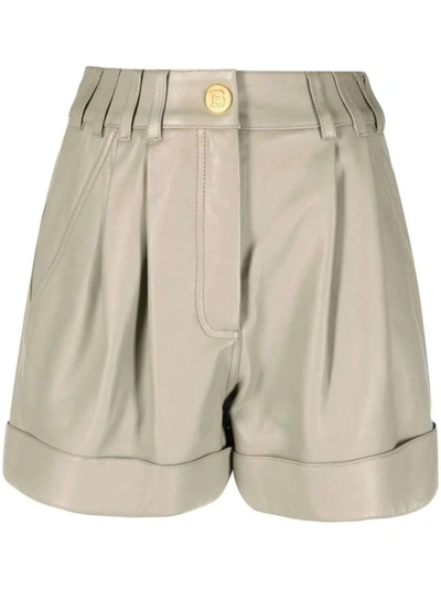 Balmain High Waist Leather Shorts In Neutrals