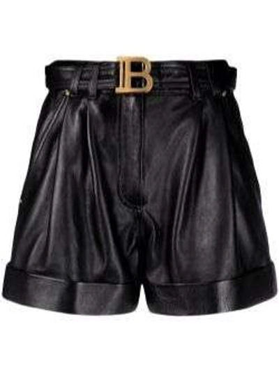 Shop Balmain Logo-buckle Leather Shorts In Black