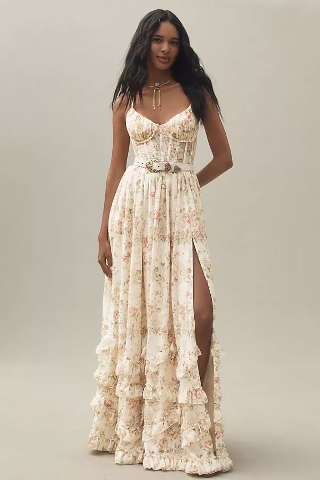 V. Chapman Carmen Corset Front-slit Ruffled Gown In Yellow | ModeSens