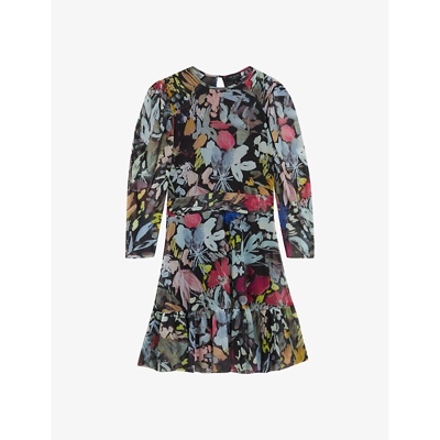 Shop Ted Baker Women's Black Payslyy Floral-print Puff-sleeve Stretch-mesh Mini Dress