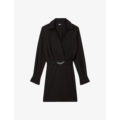 Shop The Kooples Women's Black Chain-embellished Classic-collar Stretch-woven Mini Dress