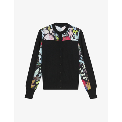 Shop Ted Baker Iileena Floral-panel Long-sleeve Cotton And Linen-blend Cardigan In Black