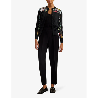 Shop Ted Baker Iileena Floral-panel Long-sleeve Cotton And Linen-blend Cardigan In Black