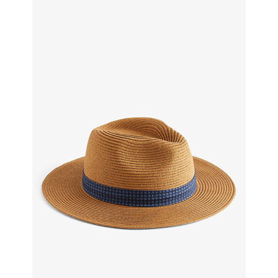 Shop Ted Baker Hurcann Printed-trim Woven Fedora Hat In Natural