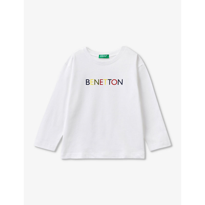 Shop Benetton White Branded-print Long-sleeved Cotton-jersey T-shirt 18 Months - 6 Years
