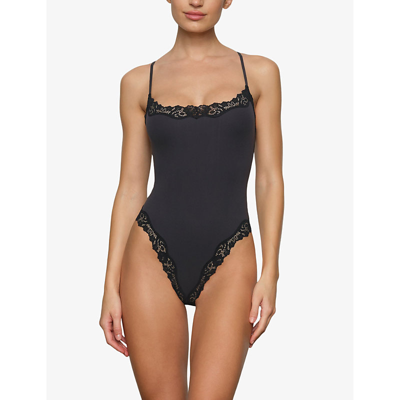 Skims Womens Onyx Fits Everybody Lace-trim Stretch-woven Body In Onyx