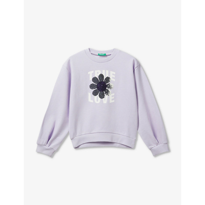 Shop Benetton Girls Lilac Kids Slogan-print Sequin-embellished Cotton-jersey Sweatshirt 6-14 Years