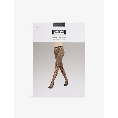 Shop Wolford Women's Black Floral-lace High-rise Stretch-woven Tights