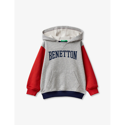 Shop Benetton Grey/navy Branded Colour-block Cotton-jersey Hoody 18 Months - 6 Years