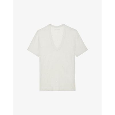 Shop Zadig & Voltaire Zadig&voltaire Women's Petale Wassa Diamante-embellished Linen-blend T-shirt